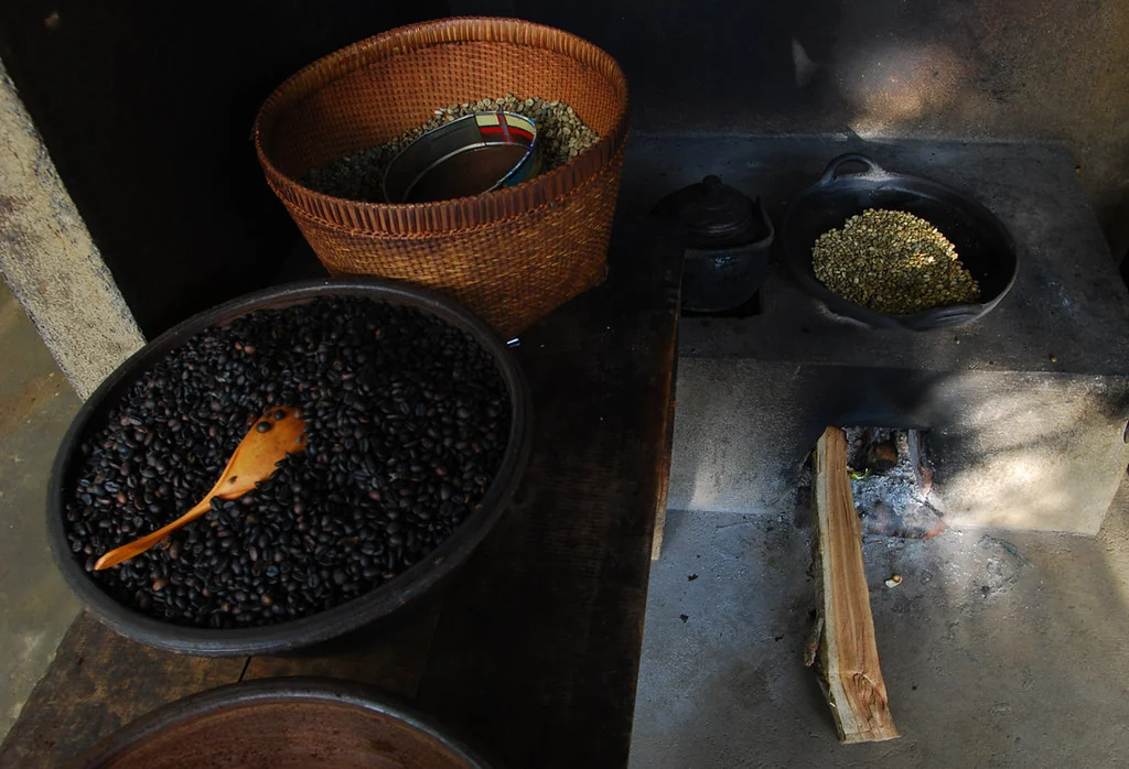 Hand-roasted Balinese coffee beans in a pan
